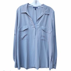 Eileen Fisher Silk V-Neck Henley Blouse Gray Large